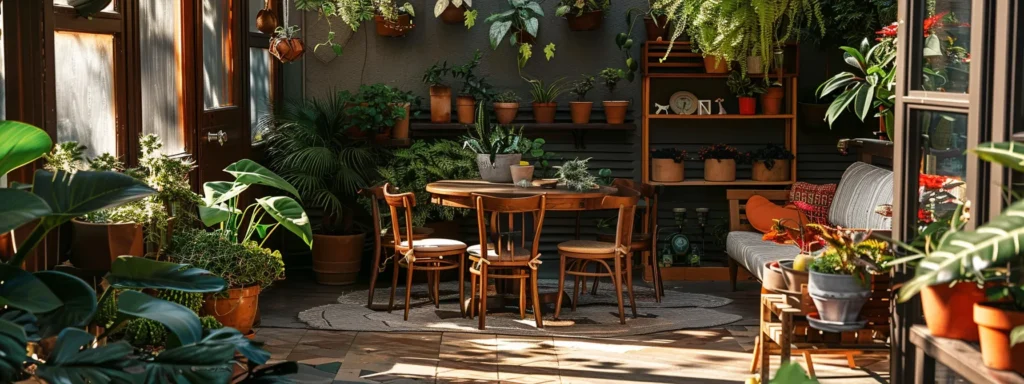 a cozy outdoor patio adorned with vibrant potted plants and comfortable seating arrangements.