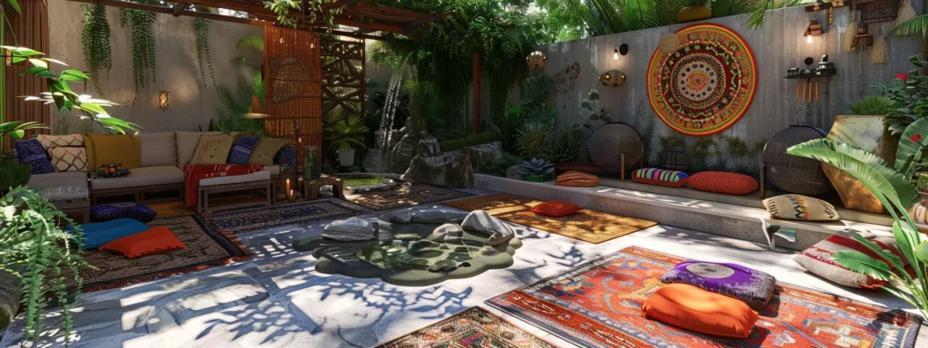 a cozy outdoor space adorned with colorful rugs, soothing water features, and personal artwork to create a stylish and tranquil oasis.