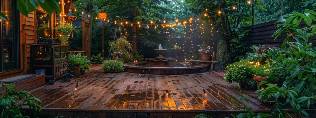 a rustic wooden deck adorned with twinkling lights, surrounded by lush greenery and a bubbling fountain, showcasing the perfect blend of charm and functionality.