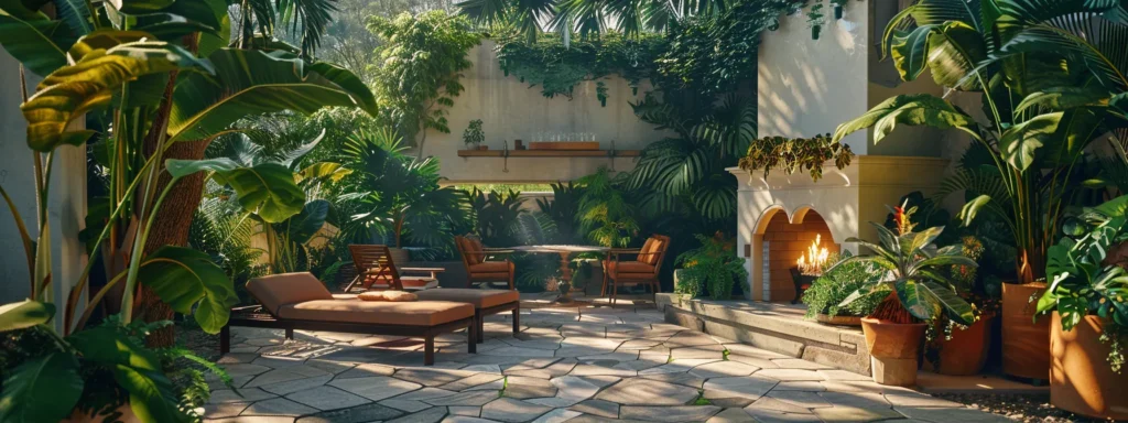 a vibrant oasis of lush greenery thriving on a patio, with strategically placed trees and tall plants creating a natural screen around an outdoor fireplace.