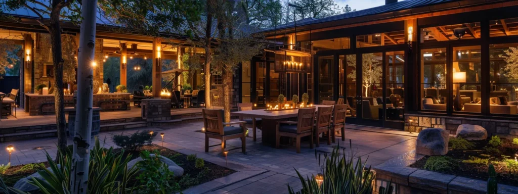 soft, warm ambient lighting illuminates a beautifully landscaped patio, highlighting the rich wood finishes and creating a cozy atmosphere for evening gatherings.