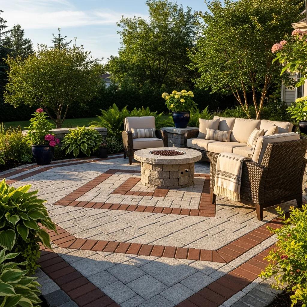 Beautifully designed paver patio in a residential backyard with granite and brick pavers