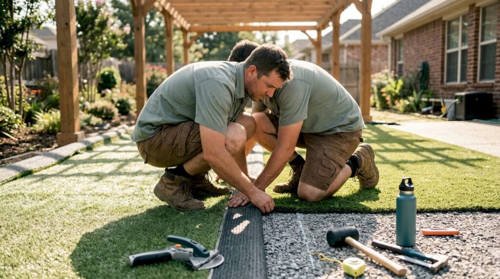 Installer laying artificial pet turf