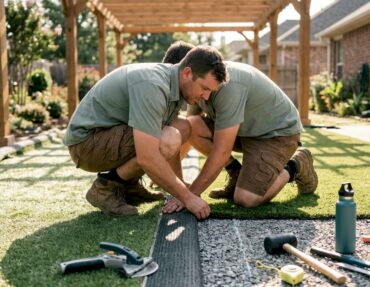 Installer laying artificial pet turf