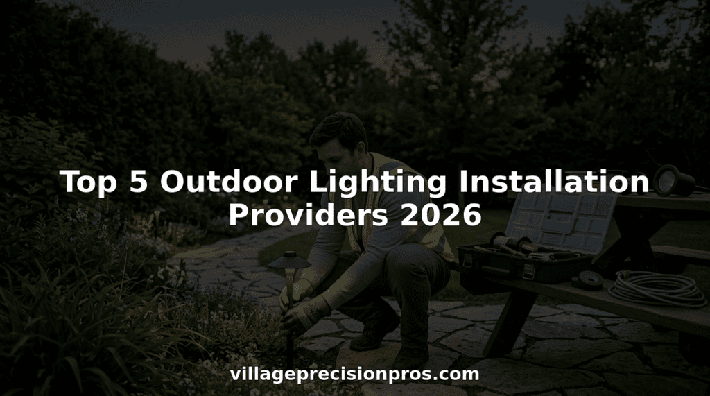 Technician installing outdoor garden lighting at dusk