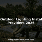Technician installing outdoor garden lighting at dusk