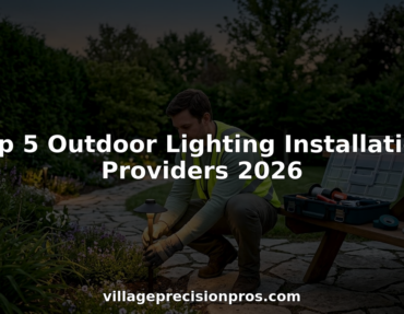 Technician installing outdoor garden lighting at dusk