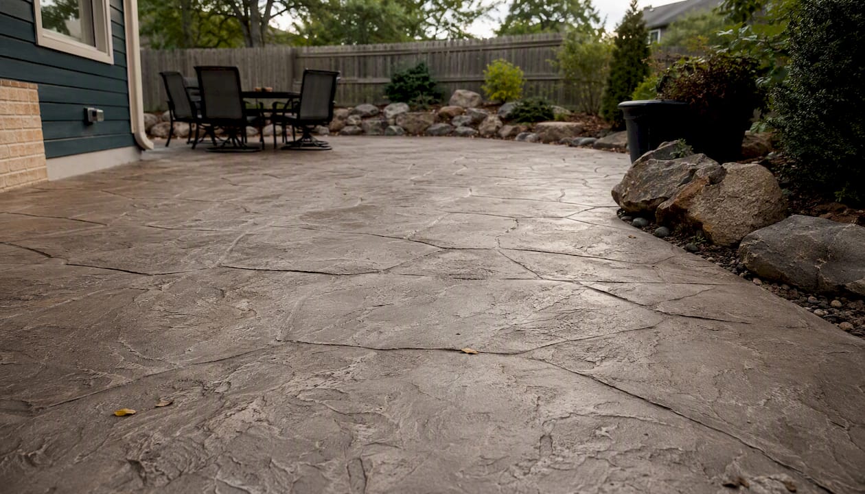 Fresh stamped concrete patio with natural stone pattern