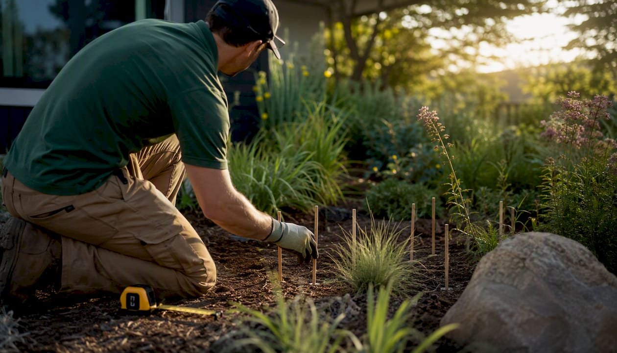 Landscaper demonstrating planting design with stakes
