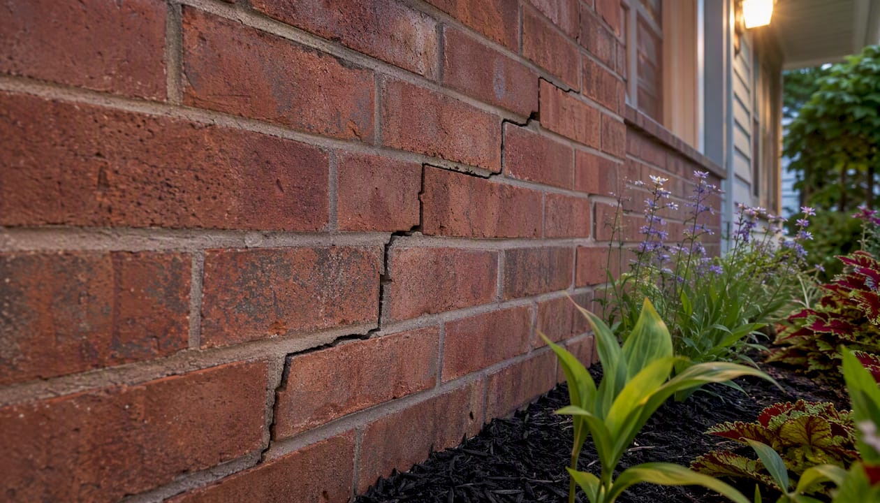 Stair-step crack in brick mortar on home exterior