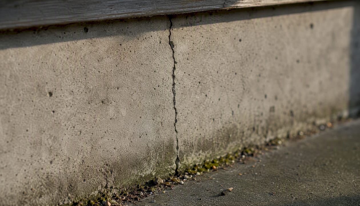 Vertical hairline crack on concrete foundation wall