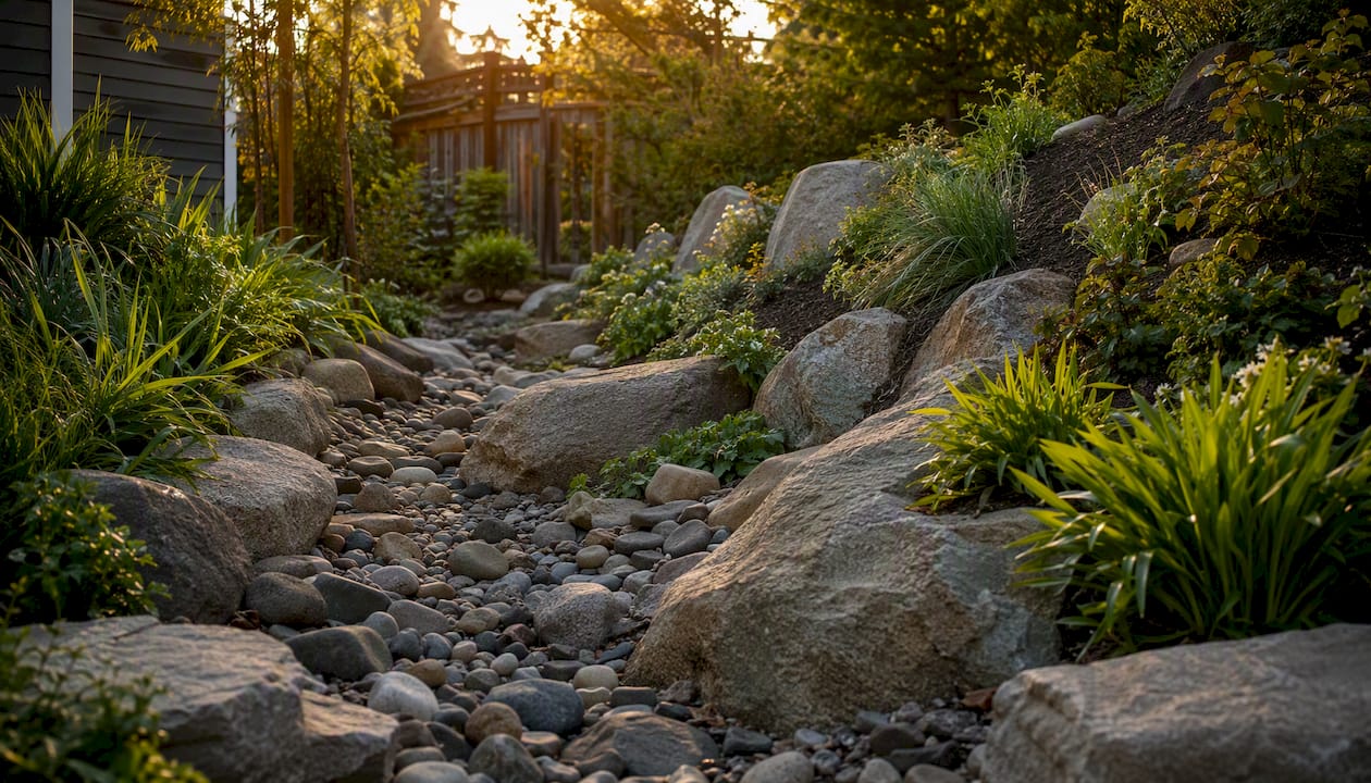 Dry creek bed with boulders and native plants