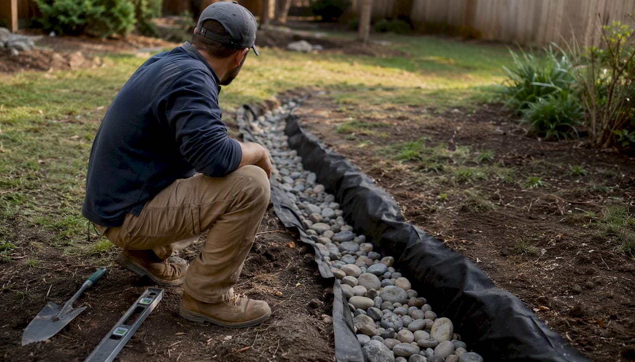 Landscaper checking slope in dry creek bed trench