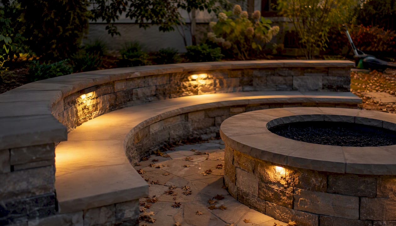 Curved built-in bench surrounding fire pit outdoors