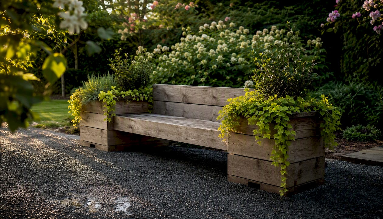 Built-in cedar bench integrated with raised planters