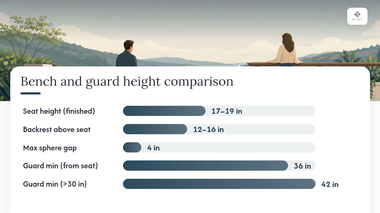 Diagram of outdoor bench dimensions and building code guardrail requirements