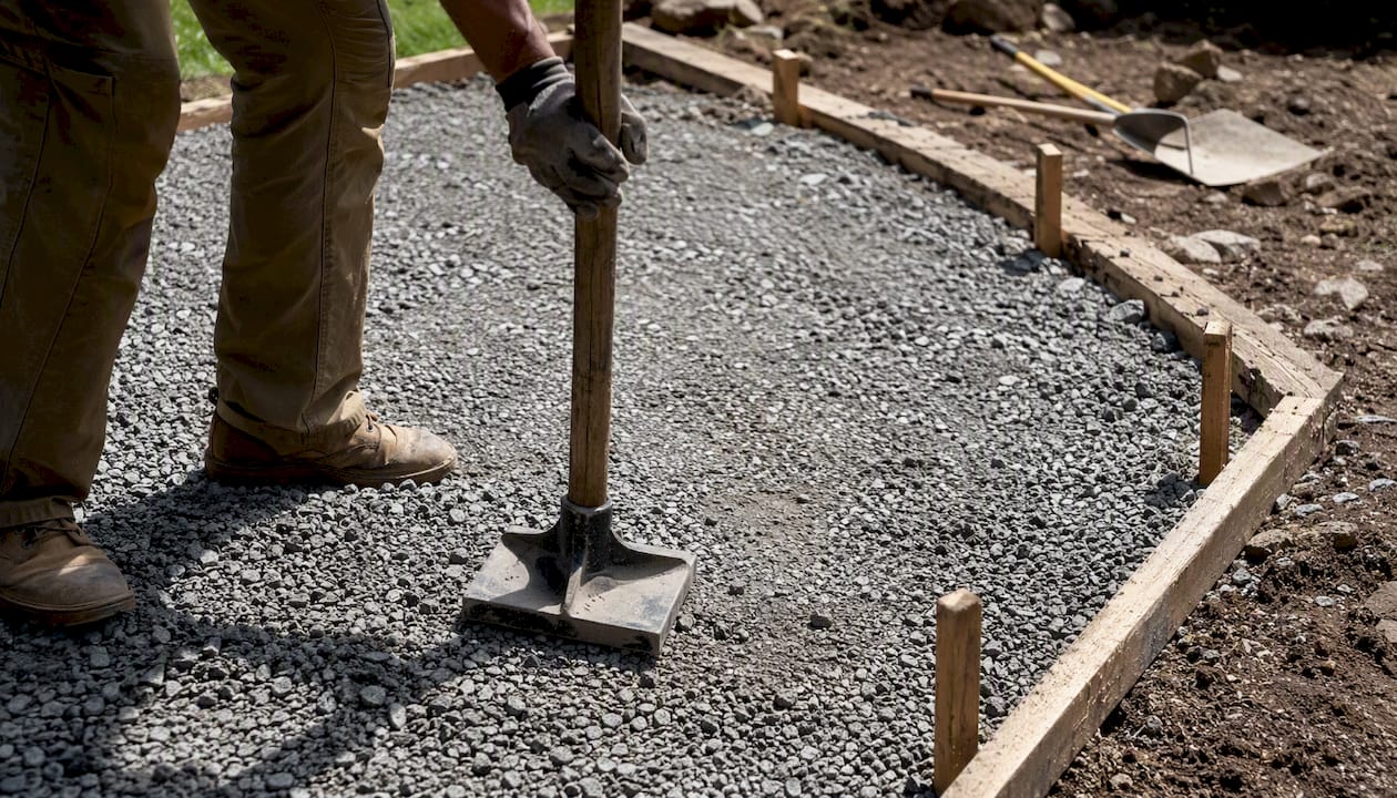 Compact gravel base during paver patio installation