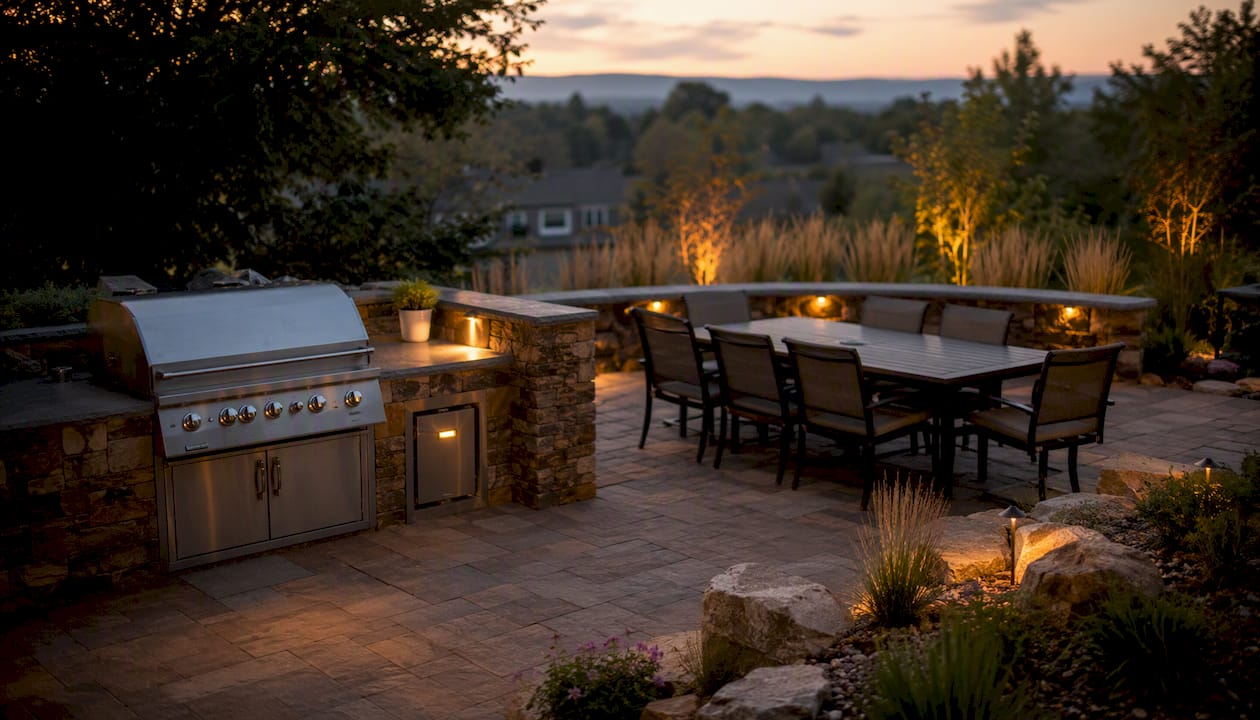 Outdoor dining patio with large pavers and grill kitchen