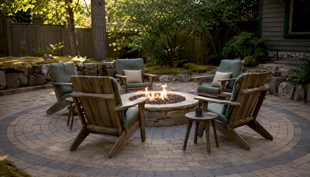 Fire pit patio with circular pavers and seating