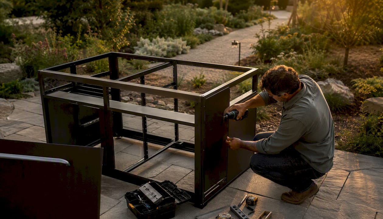 Hands assembling basic grill station outdoors