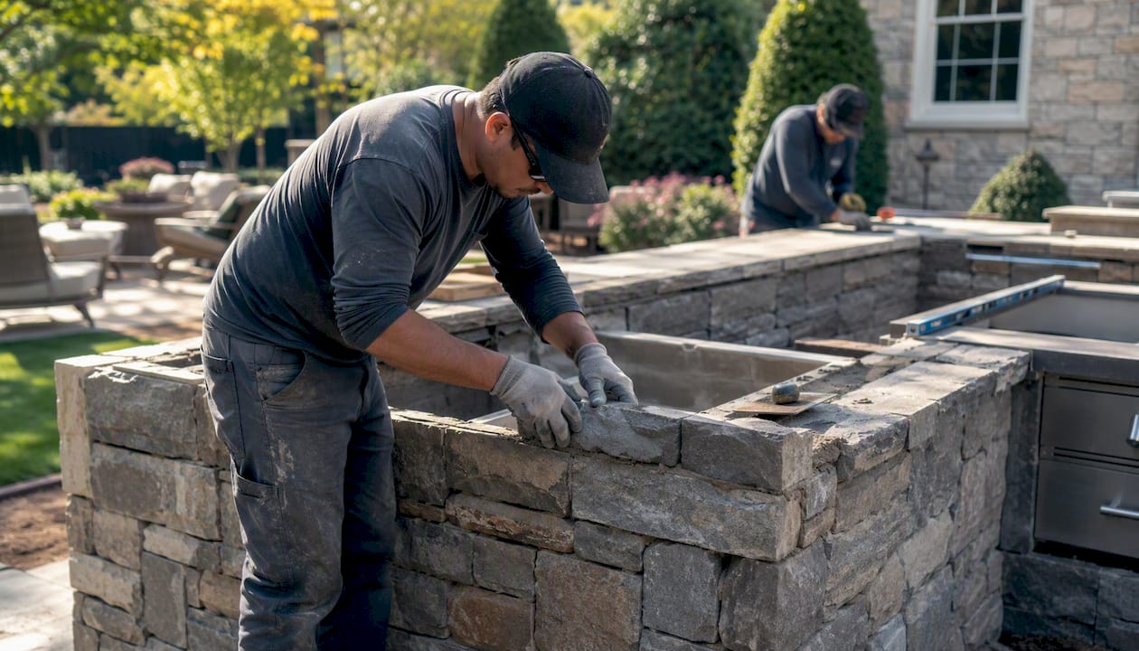 Hands building custom stone outdoor kitchen