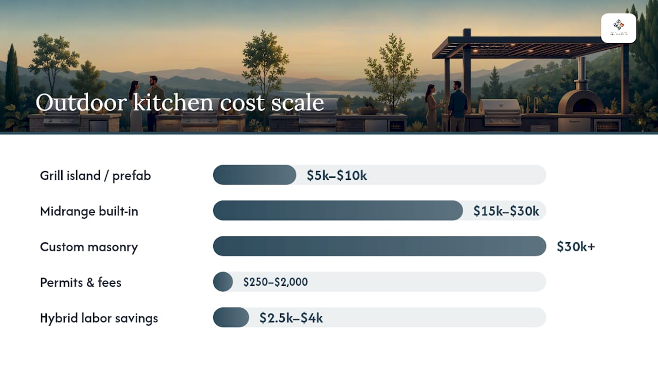Diagram showing outdoor kitchen cost tiers and cost components