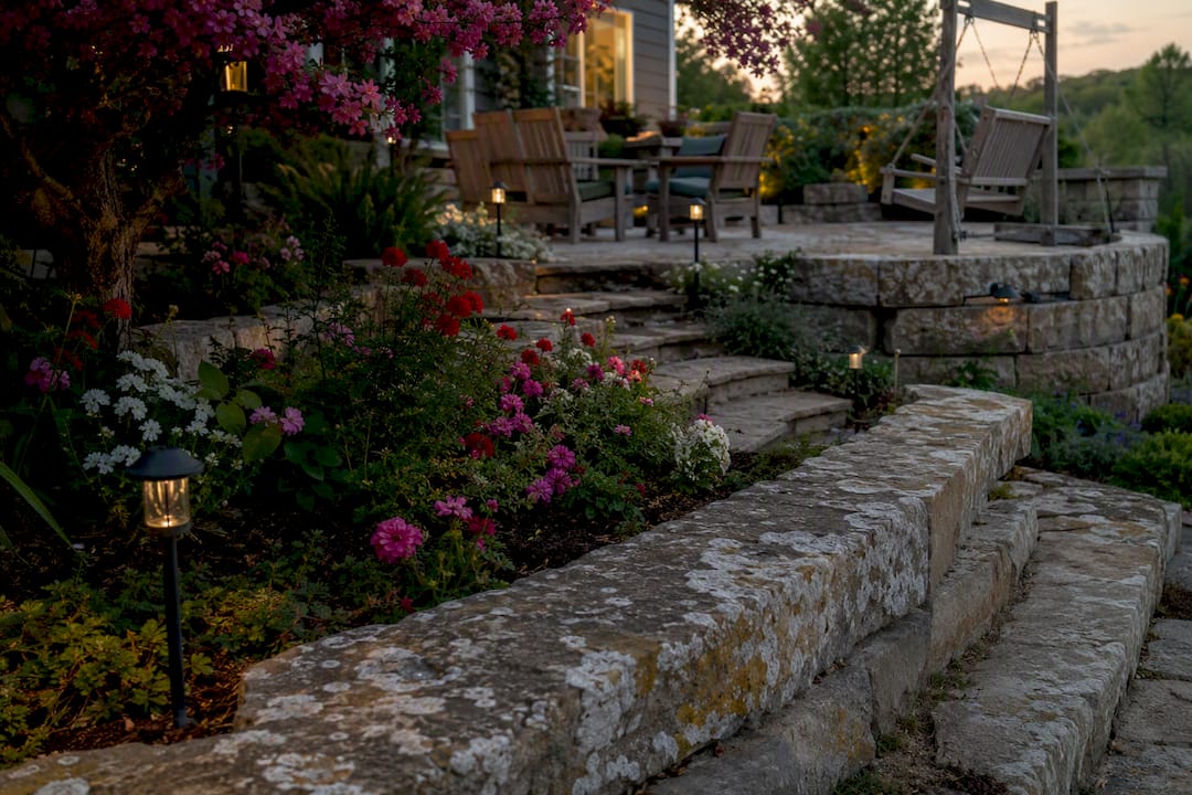 Multi-level terraced backyard patio with stone walls
