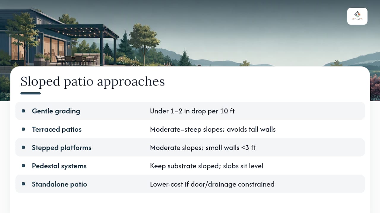 Comparison diagram of sloped patio design approaches