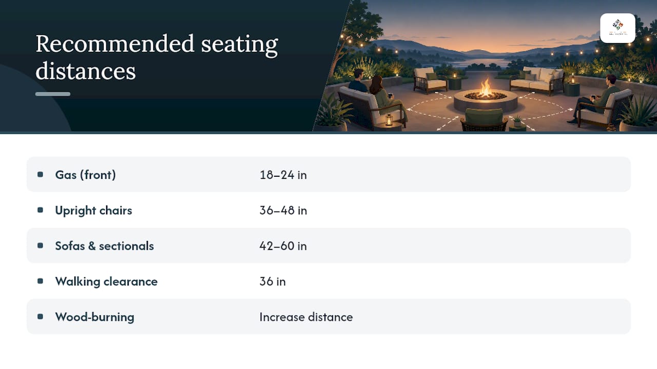 Diagram of seating distance recommendations around fire pits