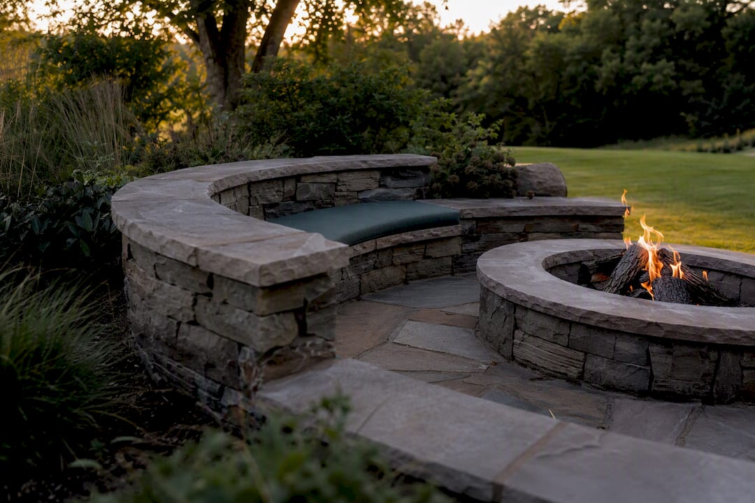 Curved stone bench around fire pit