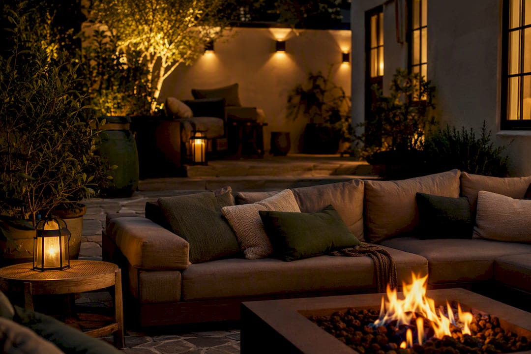 Sectional seating arranged around fire pit lounge