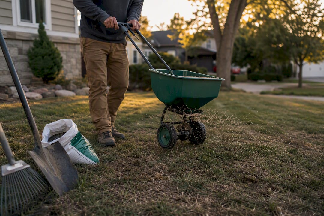 Landscaper overseeding patchy lawn in front yard