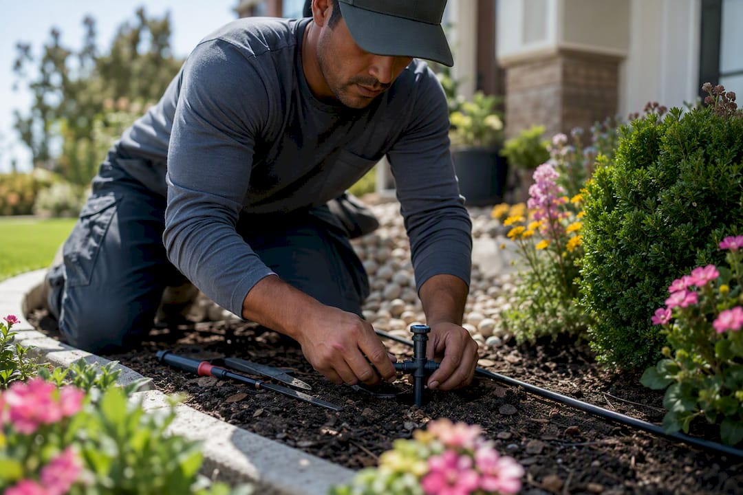 Hands installing front yard irrigation system