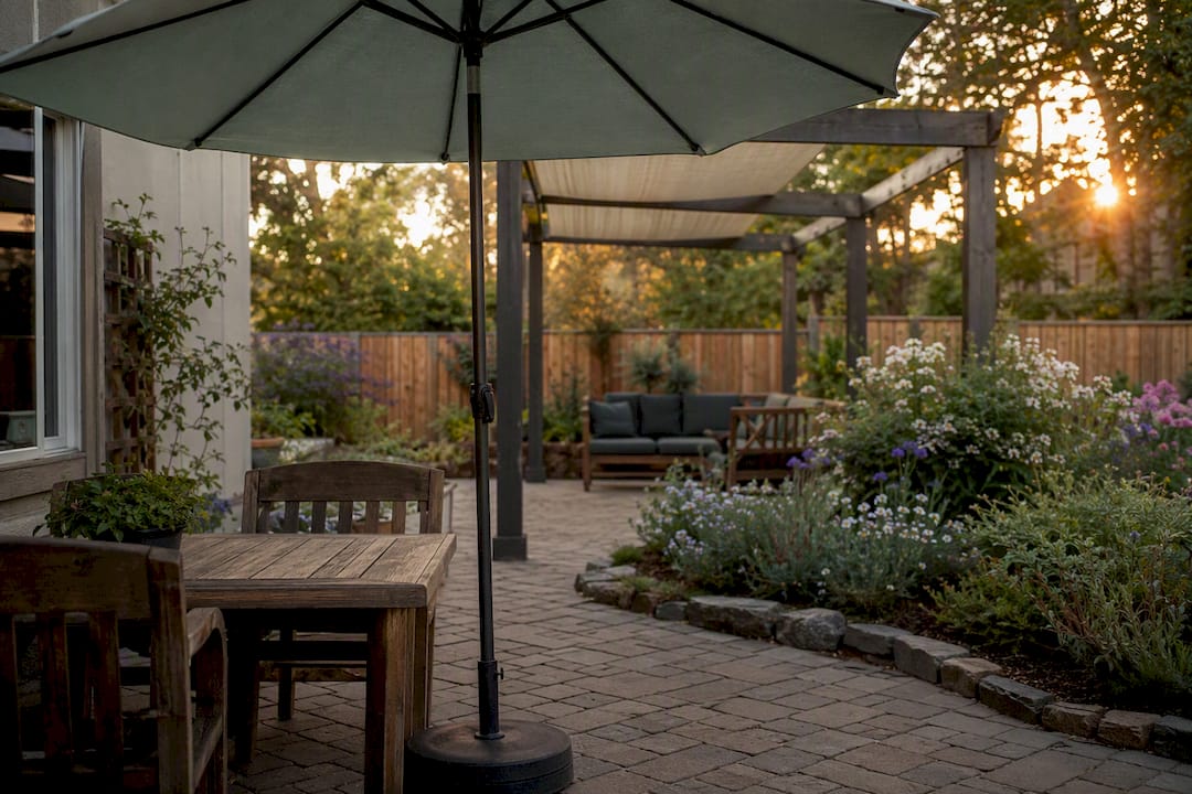 Umbrella and pergola shade structures over patio dining area