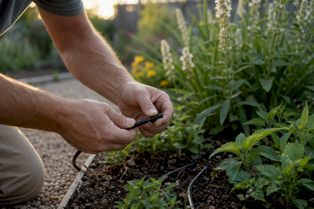 Hands installing drip irrigation emitter