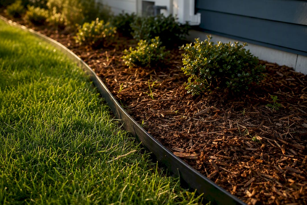 Close-up of mulch and steel edging in rental yard
