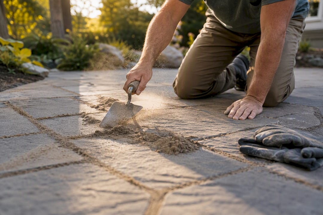 Hand installing polymeric sand into patio joints