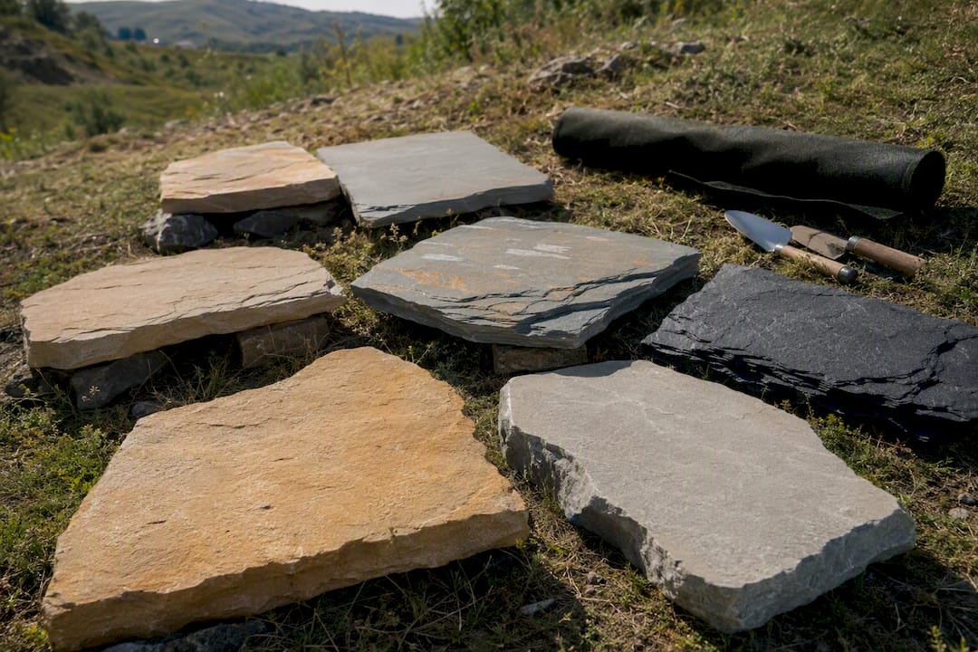 Various flagstone types displayed outdoors