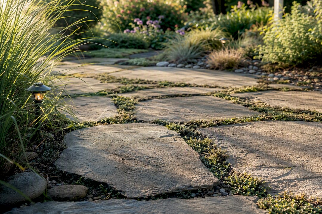 Rustic flagstone patio close-up with planted joints