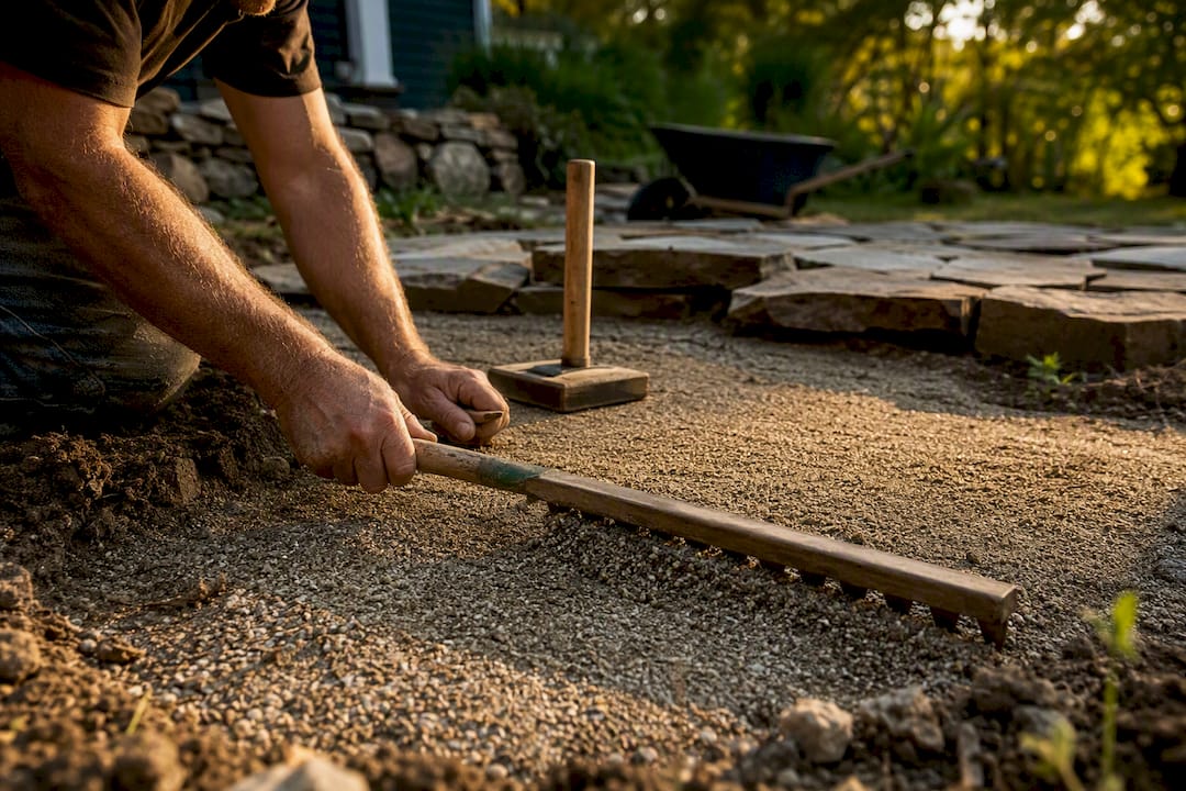 Hands preparing base for dry-laid flagstone patio