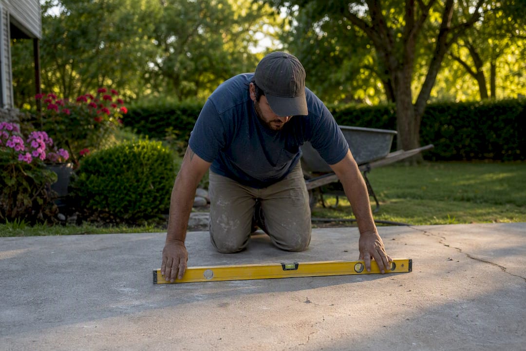 Contractor using leveling tool on patio slab