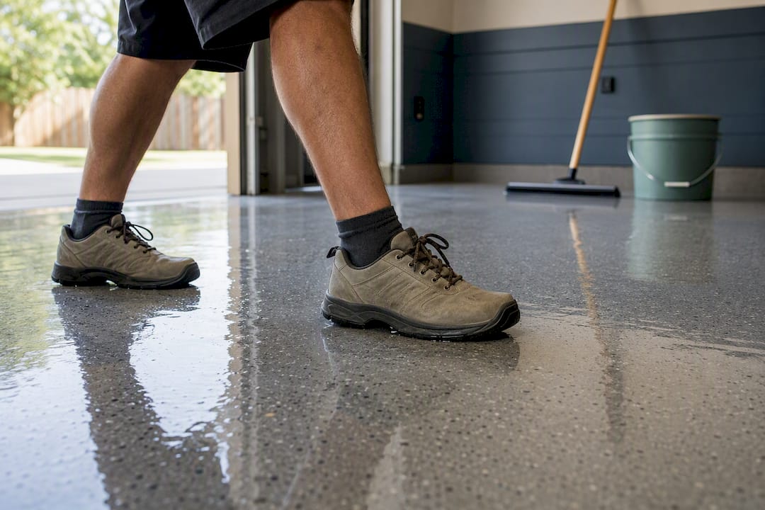 Shoes testing traction on wet epoxy
