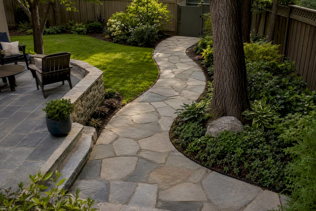 Curved flagstone path integrated with landscape