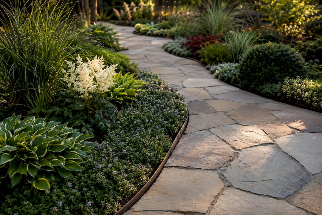 Groundcovers and edging beside flagstone path