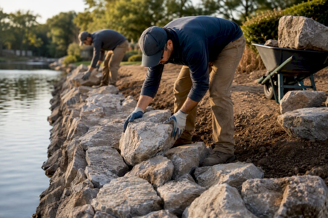 Crew hand placing armor stone