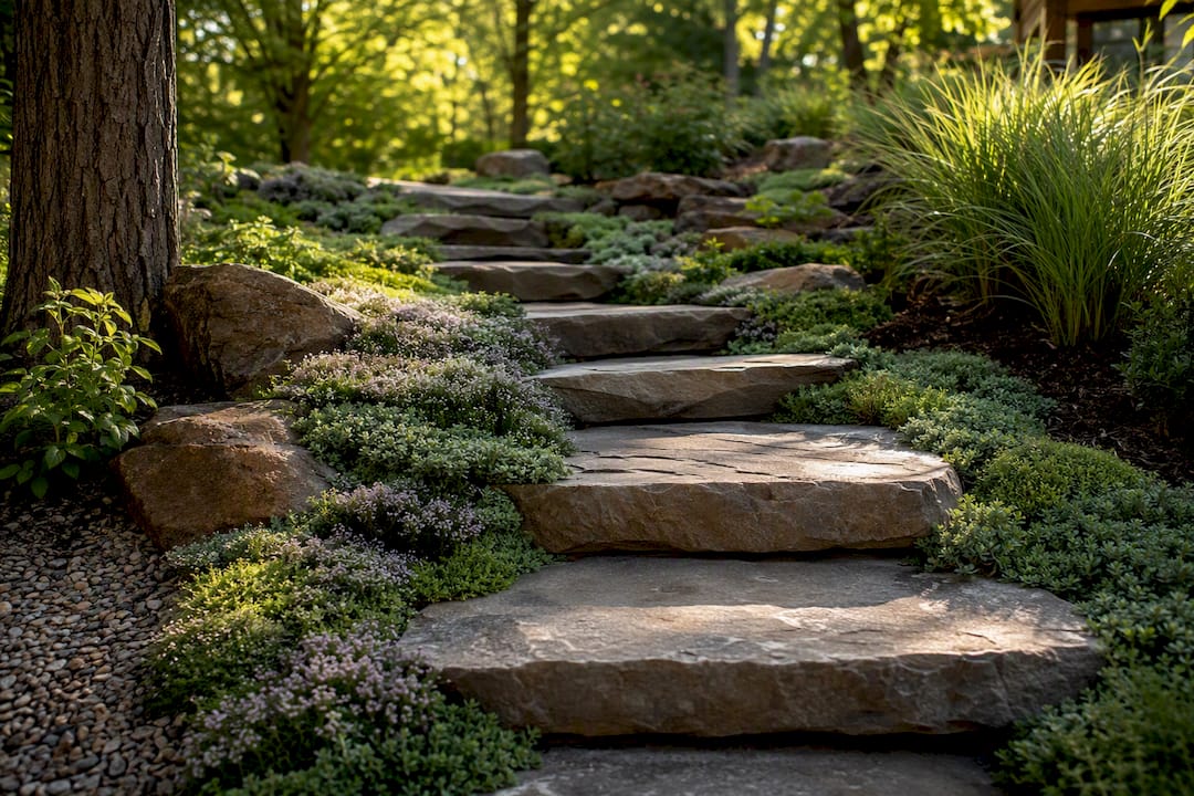 Groundcovers framing an irregular stone stairway