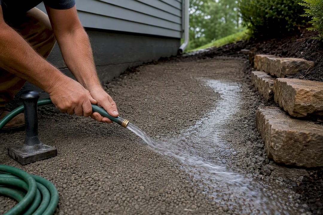 Hose testing drainage on a compacted step base