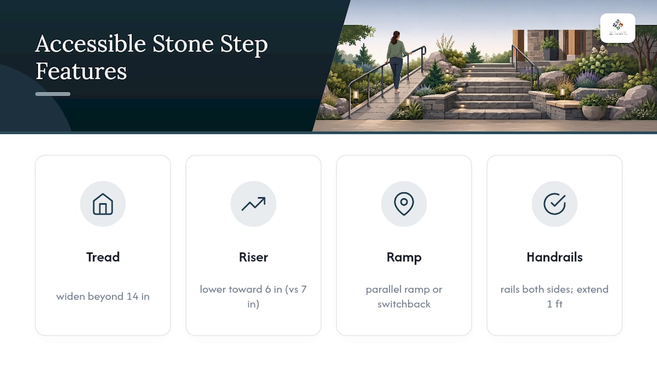Accessible stone step dimensions and adaptations