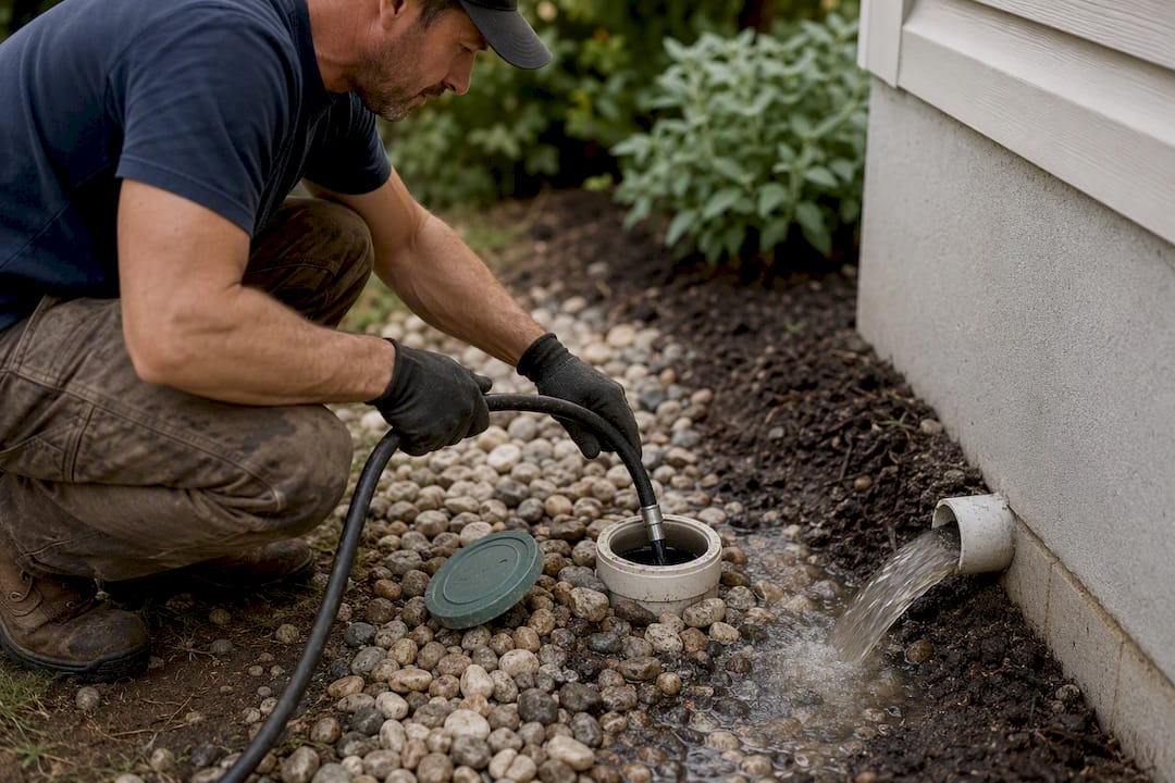 Technician hydro-jetting a French drain cleanout