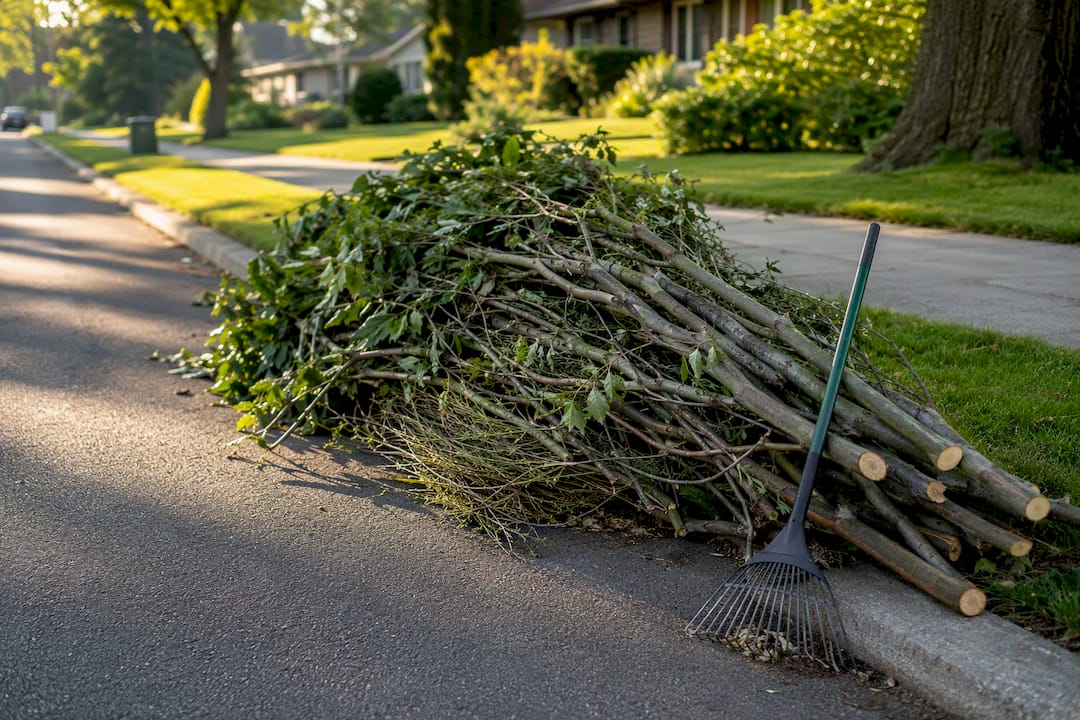 Loose branches staged beside street curb